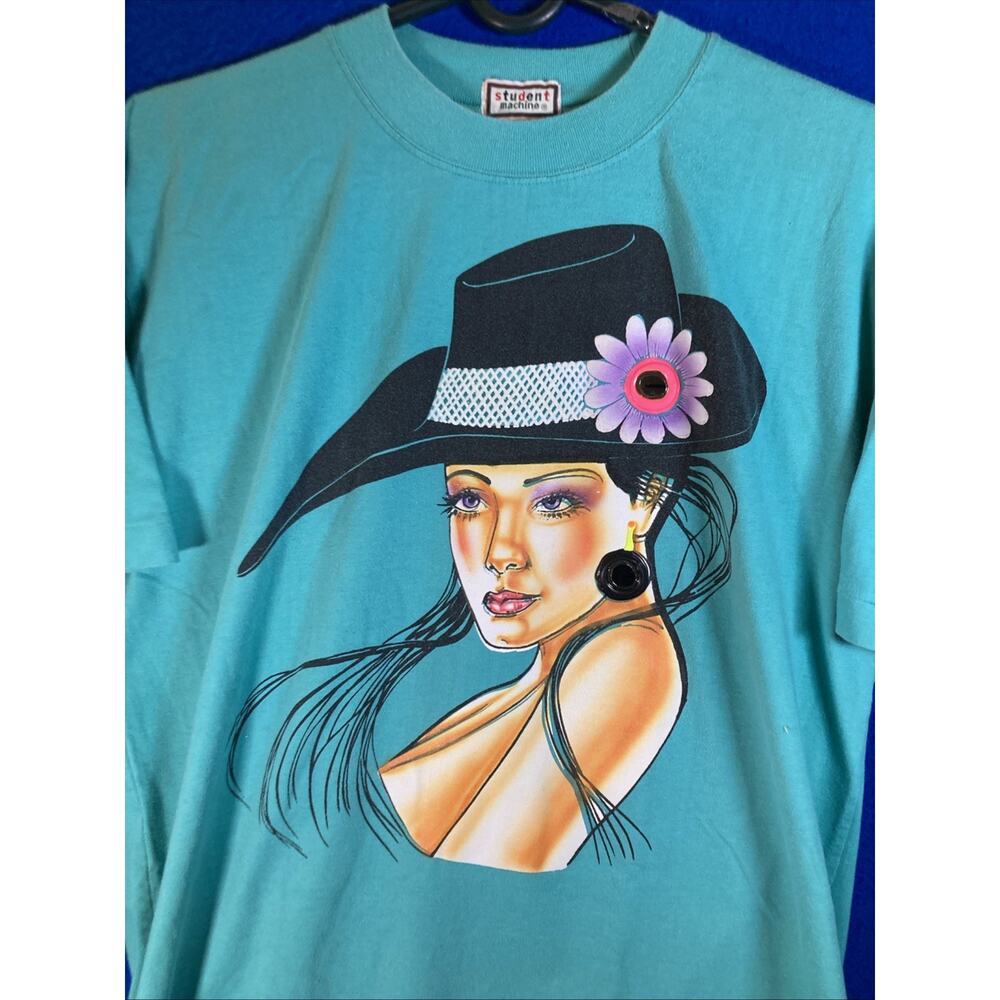 Vtg 90s Student Machine Graphic Tee Art Deco Lady Floral Hat Teal 100% cotton - Picture 4 of 11